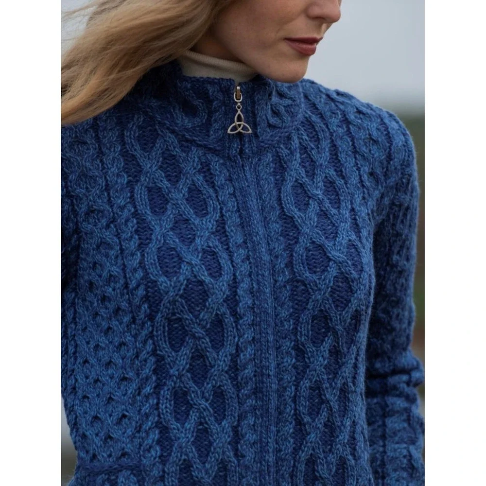 Aran Crafts Merino Wool Plated Zip Cardigan Blue Marl Womens L Made in Ireland - Picture 7 of 9